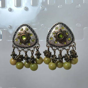 Chicos Silver Tone Triangle Stud Earrings with Dangle Beads Green Rhinestone